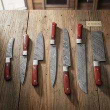 Load image into Gallery viewer, JW SteelCrafts 7 Piece Damascus Kitchen Knife Set, Paring Utility Santoku Chef Carving Bread Knife and Vegetable Cleaver, Handmade Damascus Steel Knife Set Red Wood Handle