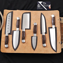 Load image into Gallery viewer, 6-Piece High Carbon Steel Kitchen Knife Set with Leather Roll — Olive Wood Handles, Steel Bolsters, 7 to 12 Inc