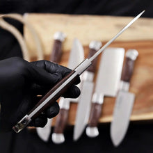 Load image into Gallery viewer, 6-Piece High Carbon Steel Kitchen Knife Set with Leather Roll — Olive Wood Handles, Steel Bolsters, 7 to 12 Inc