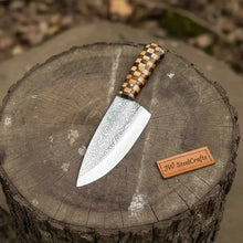 Load image into Gallery viewer, Acid-Etched Chef Knife with Red Pakka Wood &amp; Checker Brown Wood Handle