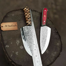 Load image into Gallery viewer, Acid-Etched Chef Knife with Red Pakka Wood &amp; Checker Brown Wood Handle