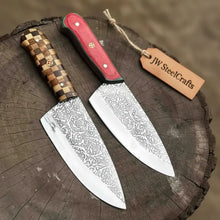 Load image into Gallery viewer, Acid-Etched Chef Knife with Red Pakka Wood &amp; Checker Brown Wood Handle