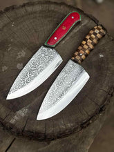 Load image into Gallery viewer, Chef Knife with Acid-Etched Blade – Red Micarta or Checker Wood Handle