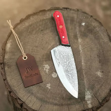 Load image into Gallery viewer, Acid-Etched Chef Knife with Red Pakka Wood &amp; Checker Brown Wood Handle
