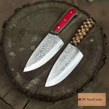 Load image into Gallery viewer, Acid-Etched Chef Knife with Red Pakka Wood &amp; Checker Brown Wood Handle