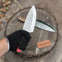 Load image into Gallery viewer, Acid-Etched Chef Knife with Red Pakka Wood &amp; Checker Brown Wood Handle