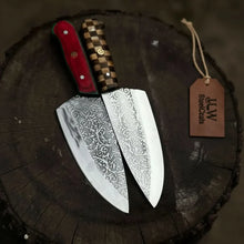 Load image into Gallery viewer, Acid-Etched Chef Knife with Red Pakka Wood &amp; Checker Brown Wood Handle