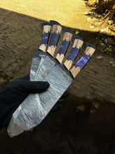 Load image into Gallery viewer, Chef knives JW SteelCrafts 5-Piece Hand-Forged Kitchen Knife Set – Hammered Black Blades with Purple Resin &amp; Olive Wood Handles