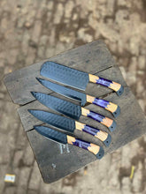 Load image into Gallery viewer, Chef knives JW SteelCrafts 5-Piece Hand-Forged Kitchen Knife Set – Hammered Black Blades with Purple Resin &amp; Olive Wood Handles