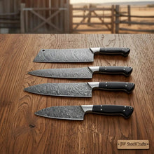 Load image into Gallery viewer, 4-Piece Handmade Damascus Steel Kitchen Knife Set with Pakka Wood Handles