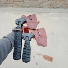 Load image into Gallery viewer, Forged Tool Axe Duo – Textured Steel Heads with Sculpted Hardwood Handles and Leather Sheaths