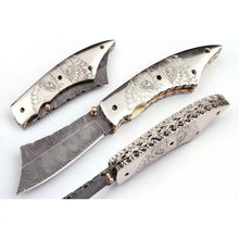 Load image into Gallery viewer, Handmade Damascus Folding Knife with Wolf Engraved Bone Handle &amp; Leather Sheath
