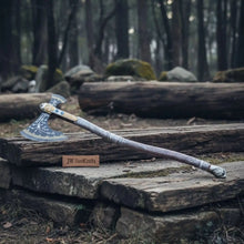 Load image into Gallery viewer, Hand Forged Viking Fantasy Double-Bit Axe with Norse Engraving, Gold Handle Fittings and Blue Gemstone Inlays