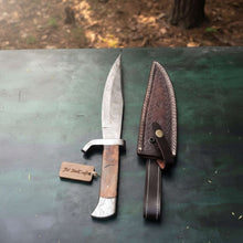 Load image into Gallery viewer, Classic Jim Bowie Style Damascus Steel Bowie Knife, Hand Forged Clip Point Blade, Damascus Guard, Walnut Wood Handle, Full Tang Fixed Blade with Leather Sheath by JW SteelCrafts