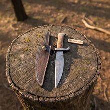 Load image into Gallery viewer, Classic Jim Bowie Style Damascus Steel Bowie Knife, Hand Forged Clip Point Blade, Damascus Guard, Walnut Wood Handle, Full Tang Fixed Blade with Leather Sheath by JW SteelCrafts