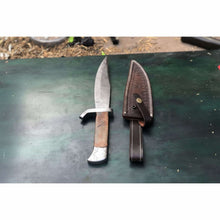 Load image into Gallery viewer, Classic Jim Bowie Style Damascus Steel Bowie Knife, Hand Forged Clip Point Blade, Damascus Guard, Walnut Wood Handle, Full Tang Fixed Blade with Leather Sheath by JW SteelCrafts