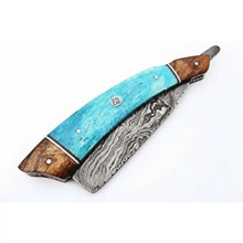 Load image into Gallery viewer, Classic Western Damascus Straight Barber Razor with Blue Bone and Rosewood Handle