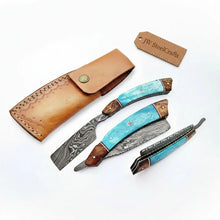 Load image into Gallery viewer, Classic Western Damascus Straight Barber Razor with Blue Bone and Rosewood Handle