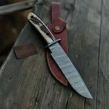 Load image into Gallery viewer, Handmade Damascus Hunting Knife with Stag Antler Bowie Blade