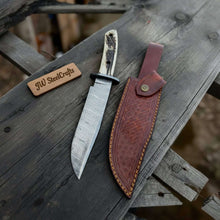 Load image into Gallery viewer, Clip Point Bowie Knife, Hand Forged Damascus Steel Blade, Antler Handle, Classic American Bowie with Leather Sheath