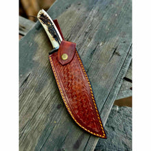 Load image into Gallery viewer, Clip Point Bowie Knife, Hand Forged Damascus Steel Blade, Antler Handle, Classic American Bowie with Leather Sheath