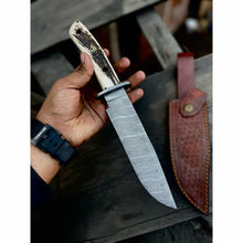 Load image into Gallery viewer, Clip Point Bowie Knife, Hand Forged Damascus Steel Blade, Antler Handle, Classic American Bowie with Leather Sheath
