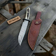 Load image into Gallery viewer, Handmade Damascus Hunting Knife with Stag Antler Bowie Blade