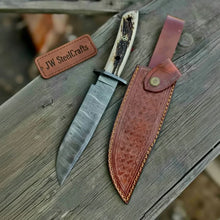 Load image into Gallery viewer, Handmade Damascus Hunting Knife with Stag Antler Bowie Blade
