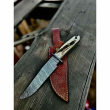 Load image into Gallery viewer, Clip Point Bowie Knife, Hand Forged Damascus Steel Blade, Antler Handle, Classic American Bowie with Leather Sheath