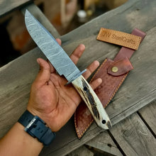 Load image into Gallery viewer, Handmade Damascus Hunting Knife with Stag Antler Bowie Blade
