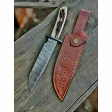 Load image into Gallery viewer, Clip Point Bowie Knife, Hand Forged Damascus Steel Blade, Antler Handle, Classic American Bowie with Leather Sheath