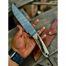 Load image into Gallery viewer, Clip Point Bowie Knife, Hand Forged Damascus Steel Blade, Antler Handle, Classic American Bowie with Leather Sheath