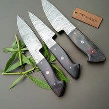 Load image into Gallery viewer, 3-Piece Twisted Damascus Kitchen Knife Set — 10" Chef &amp; Utility Knives with 7" Paring Knife and Black Micarta Handles