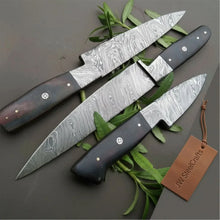 Load image into Gallery viewer, 3-Piece Twisted Damascus Kitchen Knife Set — 10" Chef &amp; Utility Knives with 7" Paring Knife and Black Micarta Handles