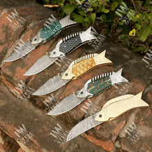 Load image into Gallery viewer, Hand Forged Damascus Steel Folding Knife – Honeycomb, Pinecone &amp; Brass Handle Variations