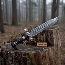 Load image into Gallery viewer, Coffin Handle Bowie Knife, Clip Point Damascus Blade, Hand Engraved Western Frontier Bowie, Custom Handmade Knife JW SteelCrafts