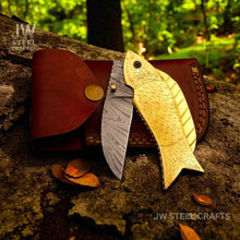 Load image into Gallery viewer, Handmade Damascus Steel Folding Knife with Engraved Brass Fish Handle