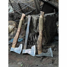 Load image into Gallery viewer, Collectible Norse-style Three-Axe Set with Intricate Engravings and Sculpted Wooden Handles