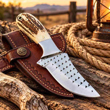 Load image into Gallery viewer, Handmade Damascus Bull Cutter Knife with Camel Bone Handle &amp; Western Leather Sheath