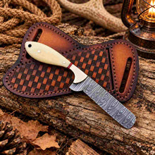 Load image into Gallery viewer, Handmade Damascus Bull Cutter Knife with Camel Bone Handle &amp; Western Leather Sheath