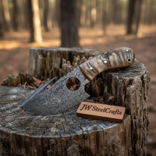 Load image into Gallery viewer, Damascus Gut hook Skinner Knife Raindrop pattern | two handle options