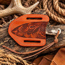 Load image into Gallery viewer, Small Handmade Damascus Cowboy Knife with Antler Handle, Copper Inlay &amp; Cross-Draw Leather Sheath