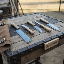 Load image into Gallery viewer, 5-Piece Damascus Knife Set — Cleaver, Chef, Skinner, Utility &amp; Paring with Olive Wood Handles &amp; Leather Roll