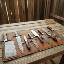 Load image into Gallery viewer, 8-Piece Damascus Kitchen Knife Set — 7 to 13 Inch Blades with Black and Red Pakka Wood Handles, Mosaic Pins &amp; Leather Roll | JW Steel Crafts