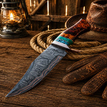 Load image into Gallery viewer, Copper Damascus Hunting Knife – Turquoise &amp; Resin Bowie