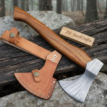 Load image into Gallery viewer, Compact Damascus Steel Camping Axe with Hardwood Handle &amp; Leather Sheath
