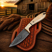 Load image into Gallery viewer, Cowboy Belt Knife – 3.5" Damascus Steel Blade &amp; Bone Handle