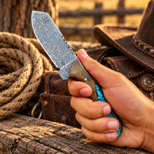 Load image into Gallery viewer, Handmade Damascus Cowboy Cutter Knife with Walnut &amp; Turquoise Handle