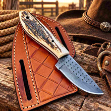 Load image into Gallery viewer, Handmade Rasp Steel Cowboy Skinner Knife with Natural Antler Handle &amp; Western Leather Belt Sheath