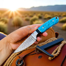 Load image into Gallery viewer, Cowboy Hunting Knife Damascus Steel Marble Handle